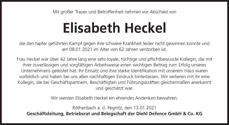  Traueranzeige für Elisabeth Heckel vom 13.01.2021 aus Pegnitz-Zeitung