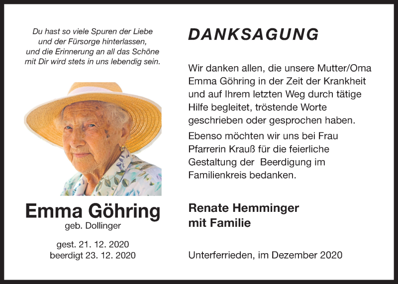  Traueranzeige für Emma Göhring vom 09.01.2021 aus Der Bote