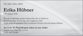 Traueranzeige von Erika Hübner von Pegnitz-Zeitung