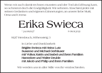 Traueranzeige von Erika Swieca von Hersbrucker Zeitung