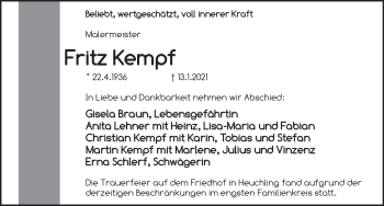 Traueranzeige von Fritz Kempf von Pegnitz-Zeitung