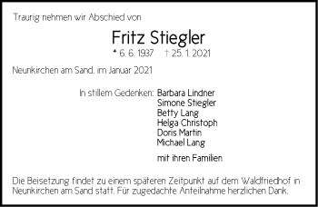 Traueranzeige von Fritz Stiegler von Pegnitz-Zeitung