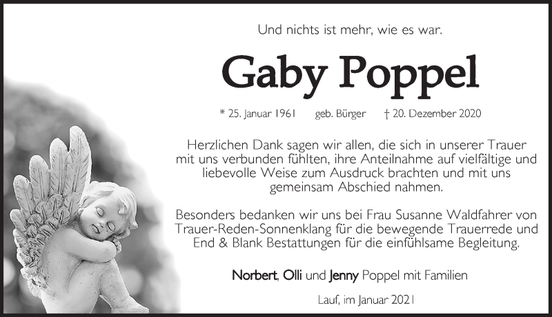  Traueranzeige für Gaby Poppel vom 23.01.2021 aus Pegnitz-Zeitung