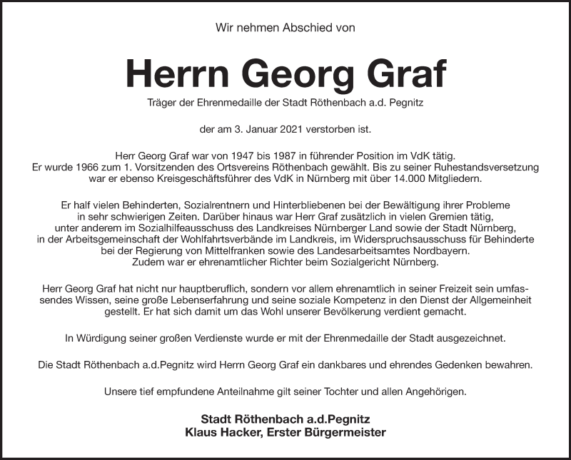  Traueranzeige für Georg Graf vom 16.01.2021 aus Pegnitz-Zeitung