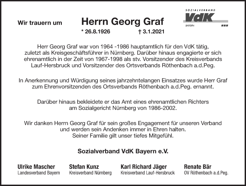  Traueranzeige für Georg Graf vom 16.01.2021 aus Pegnitz-Zeitung