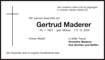 Traueranzeige von Gertrud Maderer von Der Bote