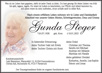 Traueranzeige von Gunda Steger von Hersbrucker Zeitung