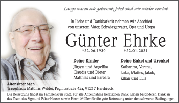 Traueranzeige von Günter Ehrke von Hersbrucker Zeitung