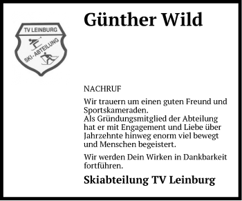Traueranzeige von Günther Wild von Der Bote