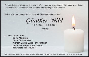 Traueranzeige von Günther Wild von Der Bote
