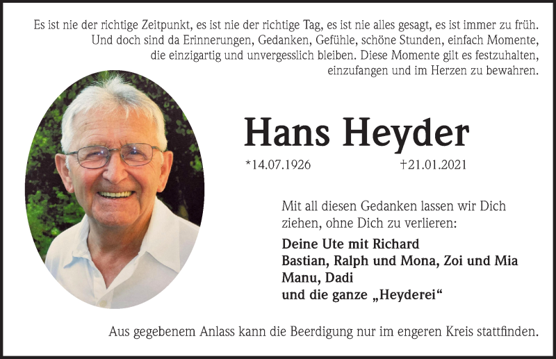  Traueranzeige für Hans Heyder vom 27.01.2021 aus Pegnitz-Zeitung