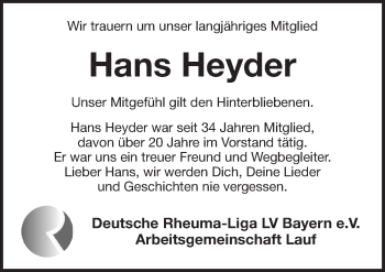 Traueranzeige von Hans Heyder von Pegnitz-Zeitung