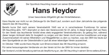 Traueranzeige von Hans Heyder von Pegnitz-Zeitung
