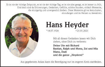 Traueranzeige von Hans Heyder von Pegnitz-Zeitung