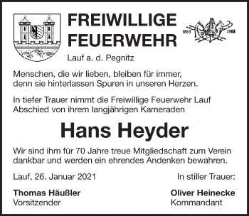 Traueranzeige von Hans Heyder von Pegnitz-Zeitung