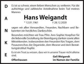 Traueranzeige von Hans Weigandt von Hersbrucker Zeitung