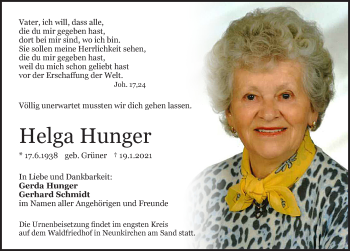 Traueranzeige von Helga Hunger von Pegnitz-Zeitung