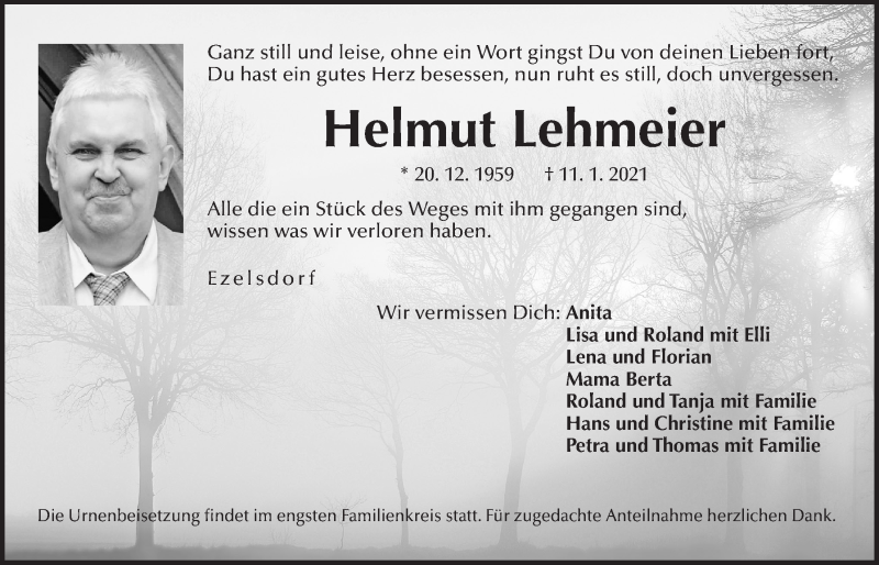  Traueranzeige für Helmut Lehmeier vom 16.01.2021 aus Der Bote