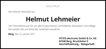 Traueranzeige von Helmut Lehmeier von Der Bote