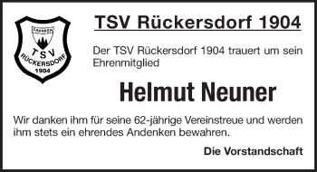 Traueranzeige von Helmut Neuner von Pegnitz-Zeitung