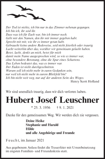 Traueranzeige von Hubert Josef Leuschner von Der Bote