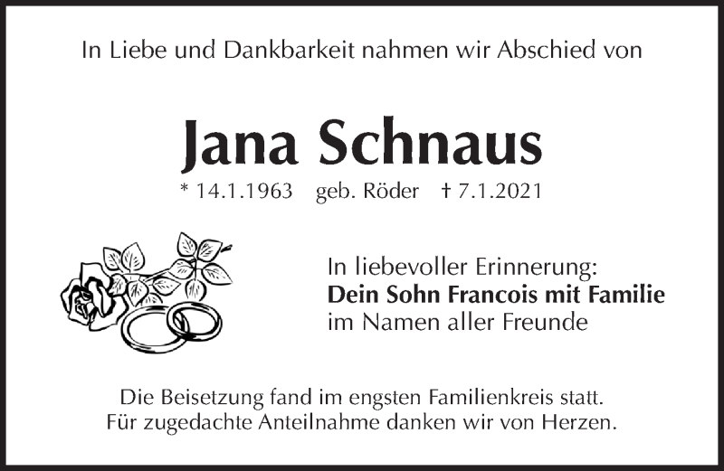  Traueranzeige für Jana Schnaus vom 30.01.2021 aus Pegnitz-Zeitung
