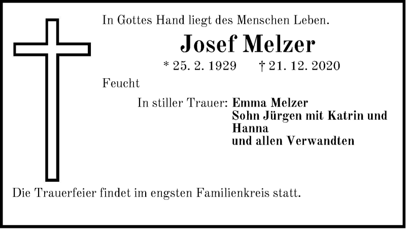  Traueranzeige für Josef Melzer vom 25.01.2021 aus Der Bote