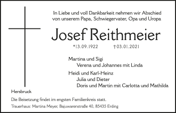 Traueranzeige von Josef Reithmeier von Hersbrucker Zeitung