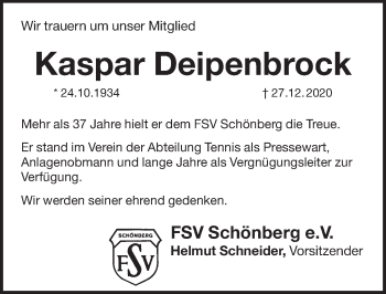 Traueranzeige von Kaspar Deipenbrock von Pegnitz-Zeitung