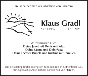 Traueranzeige von Klaus Gradl von Pegnitz-Zeitung