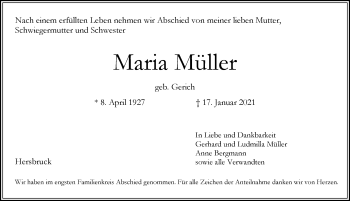 Traueranzeige von Maria Müller von Hersbrucker Zeitung