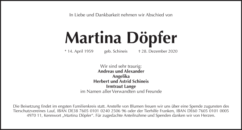  Traueranzeige für Martina Döpfer vom 02.01.2021 aus Pegnitz-Zeitung