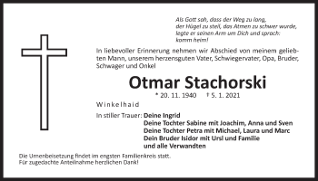 Traueranzeige von Otmar Stachorski von Der Bote