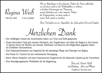 Traueranzeige von Regina Weiß von Hersbrucker Zeitung