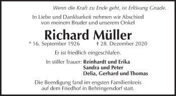 Traueranzeige von Richard Müller von Pegnitz-Zeitung