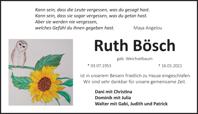 Traueranzeige für Ruth Bösch vom 23.01.2021 aus Pegnitz-Zeitung