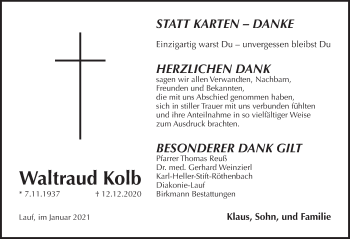 Traueranzeige von Waltraud Kolb von Pegnitz-Zeitung