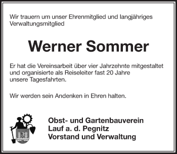 Traueranzeige von Werner Sommer von Pegnitz-Zeitung