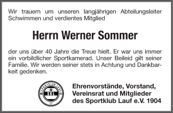 Traueranzeige von Werner Sommer von Pegnitz-Zeitung