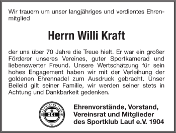 Traueranzeige von Willi Kraft von Pegnitz-Zeitung