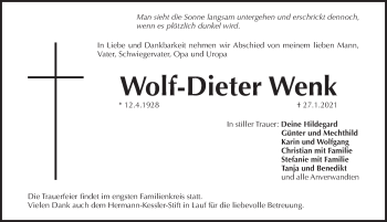 Traueranzeige von Wolf-Dieter Wenk von Pegnitz-Zeitung