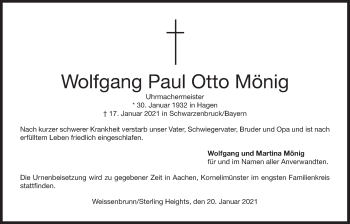 Traueranzeige von Wolfgang Paul Otto Mönig von Der Bote