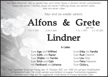 Traueranzeige von Alfons und Grete Lindner von Pegnitz-Zeitung