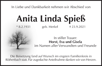 Traueranzeige von Anita Linda Spieß von Pegnitz-Zeitung