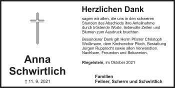 Traueranzeige von Anna Schwirtlich von Pegnitz-Zeitung