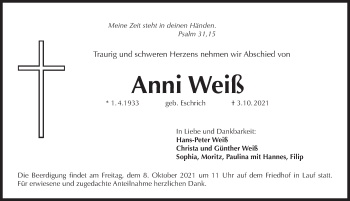 Traueranzeige von Anni Weiß von Pegnitz-Zeitung