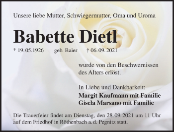 Traueranzeige von Babette Dietl von Pegnitz-Zeitung