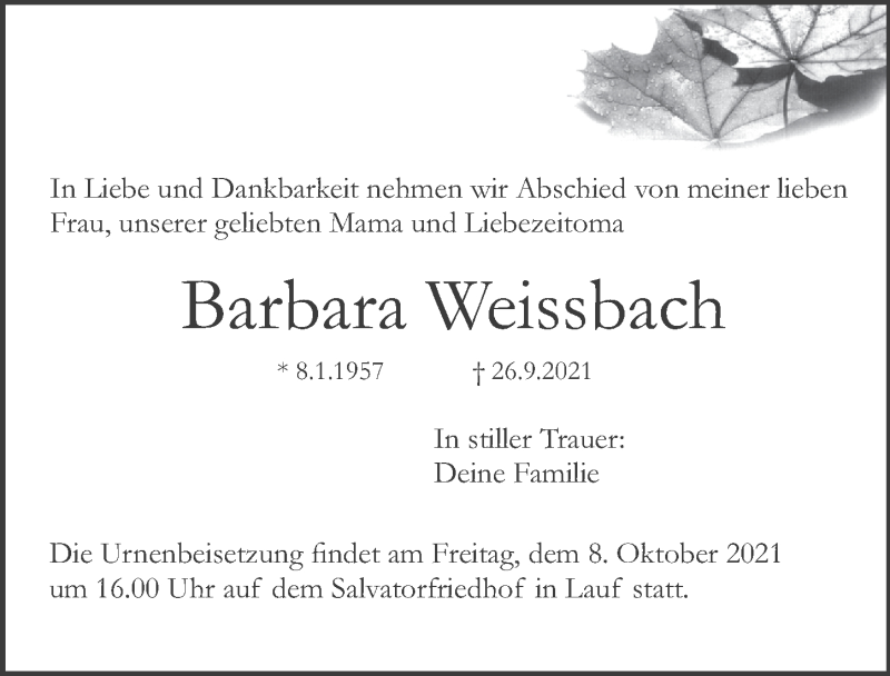  Traueranzeige für Barbara Weissbach vom 02.10.2021 aus Pegnitz-Zeitung
