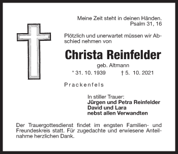 Traueranzeige von Christa Reinfelder von Der Bote