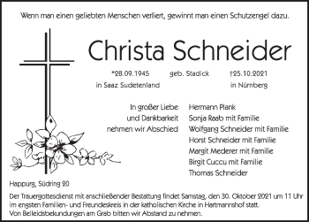 Traueranzeige von Christa Schneider von Hersbrucker Zeitung